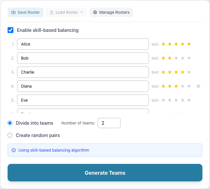 Skill balancing interface